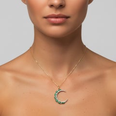 1.05ct Sapphire Emerald & Diamond Half Moon Necklace, 14K Yellow Gold