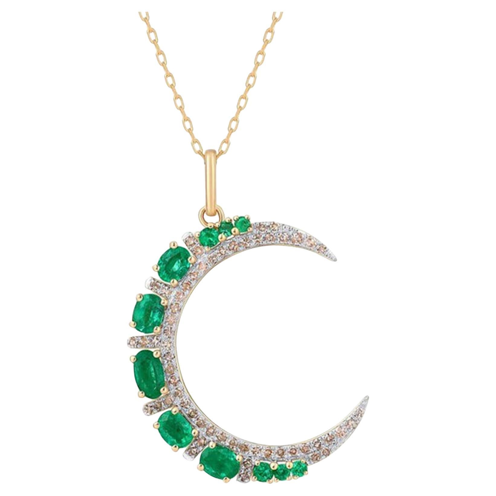 Sapphire Half Moon 14K (or 18k request) Yellow Gold Diamond Pendant Necklace