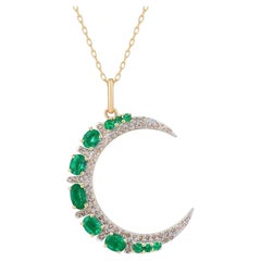 Sapphire Half Moon 14K (or 18k request) Yellow Gold Diamond Pendant Necklace