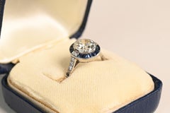 Diamond And Sapphire Halo Ring. 1.40ct Old Euro Diamond Ring Platinum K SI1