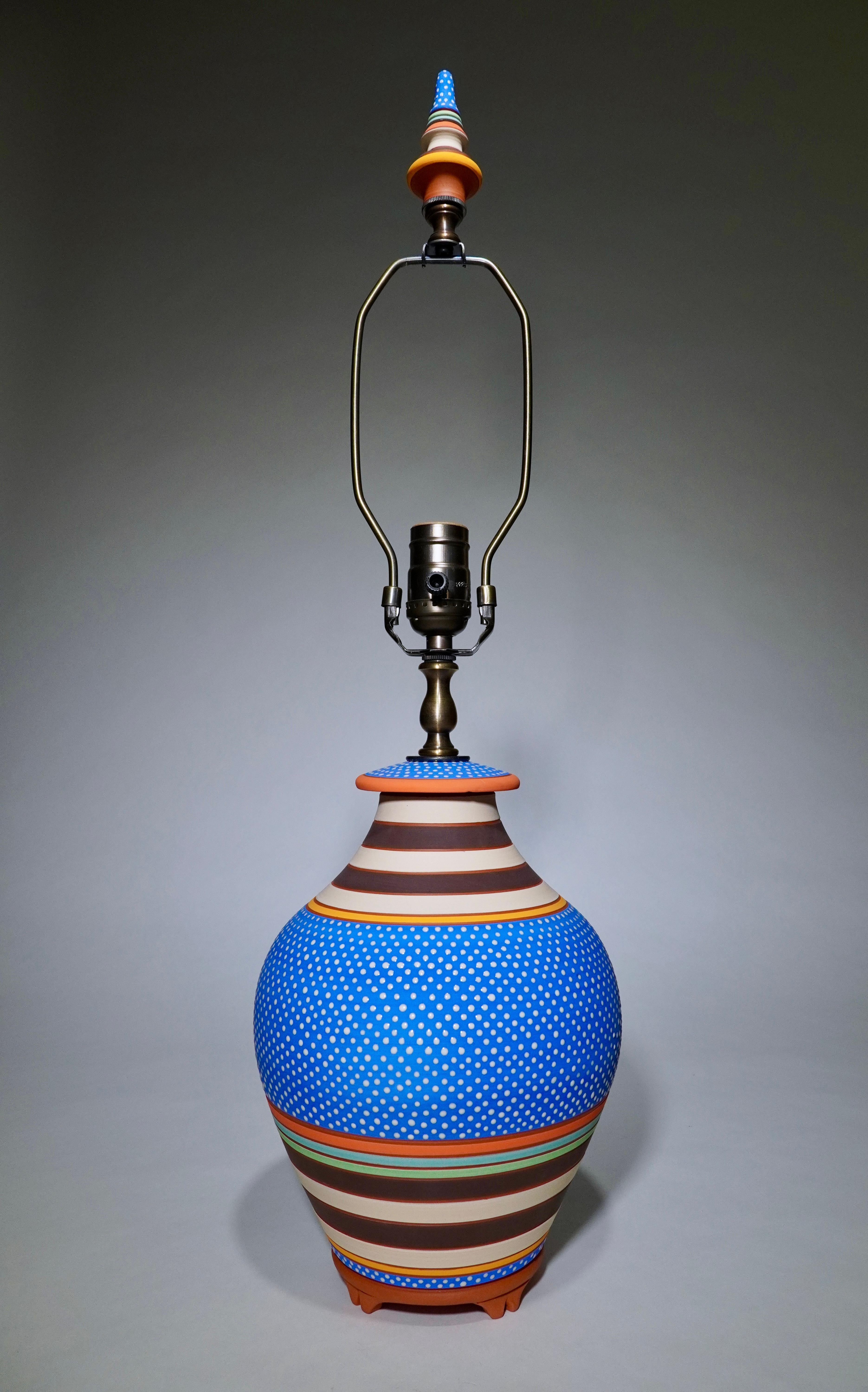 American SAPPHIRE, Hand-thrown, Hand-painted Terracotta Table Lamp For Sale