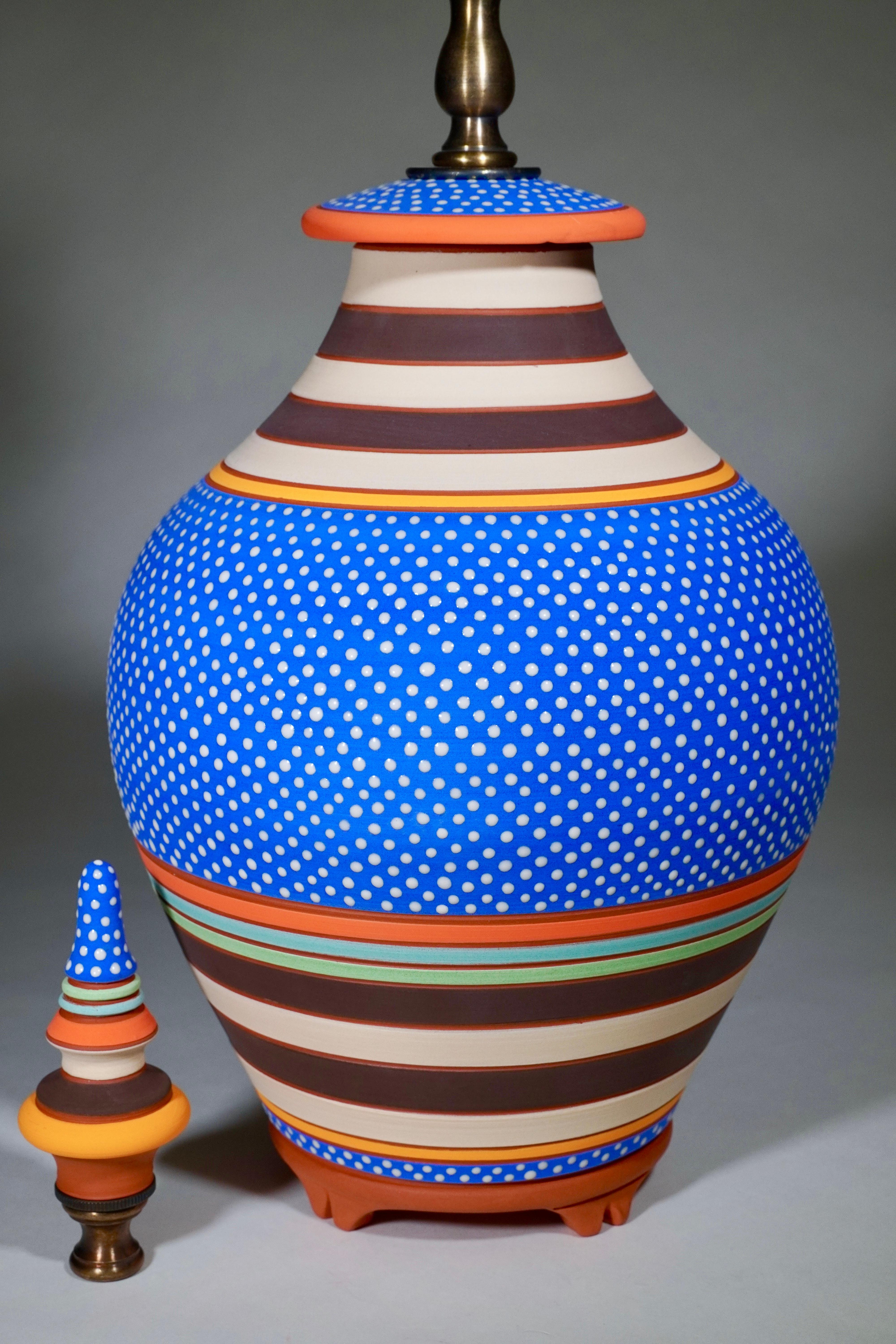 Fired SAPPHIRE, Hand-thrown, Hand-painted Terracotta Table Lamp For Sale