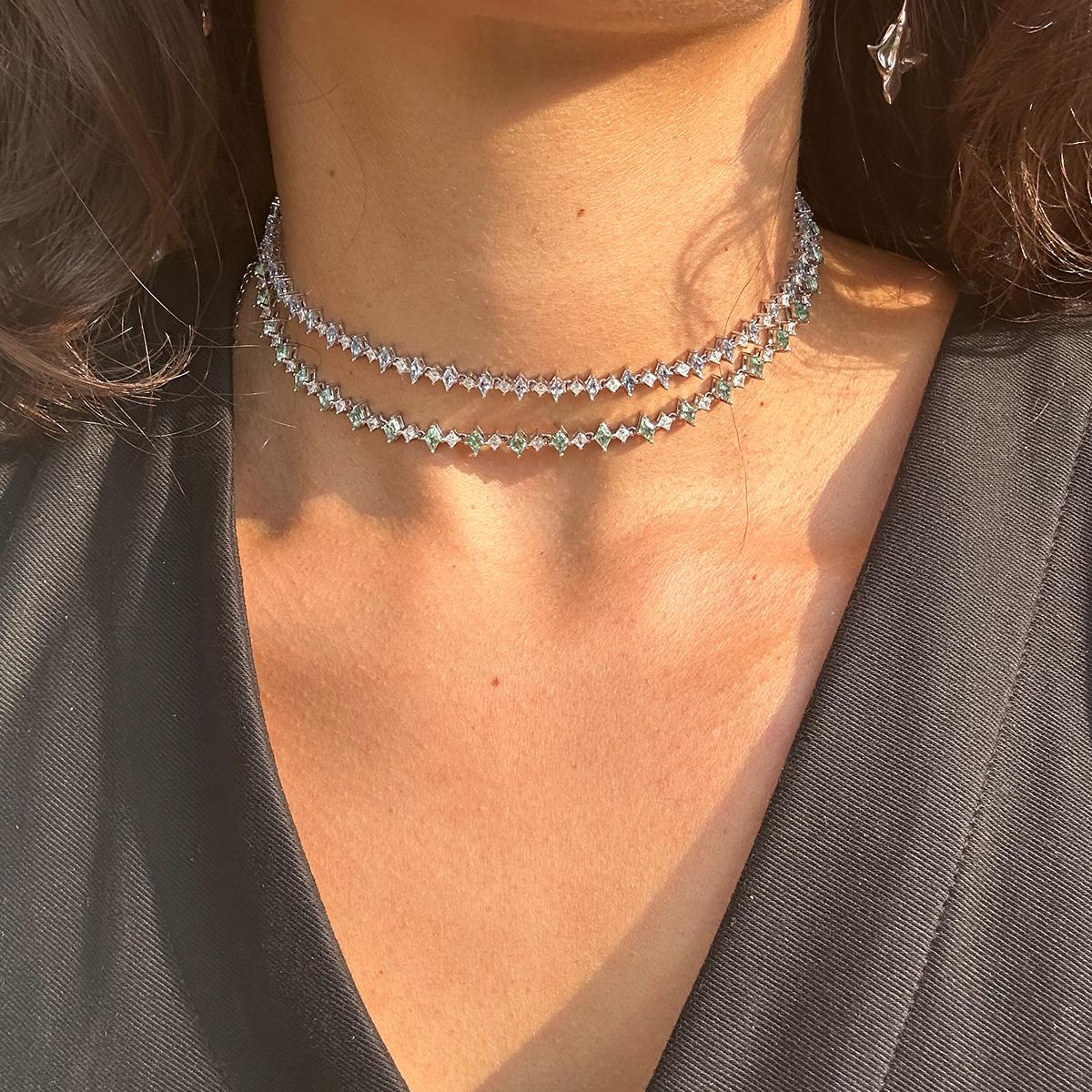 Mixed Cut  Sapphire Harlequin Choker Necklace, Mint Green & White Sapphire, Silver For Sale