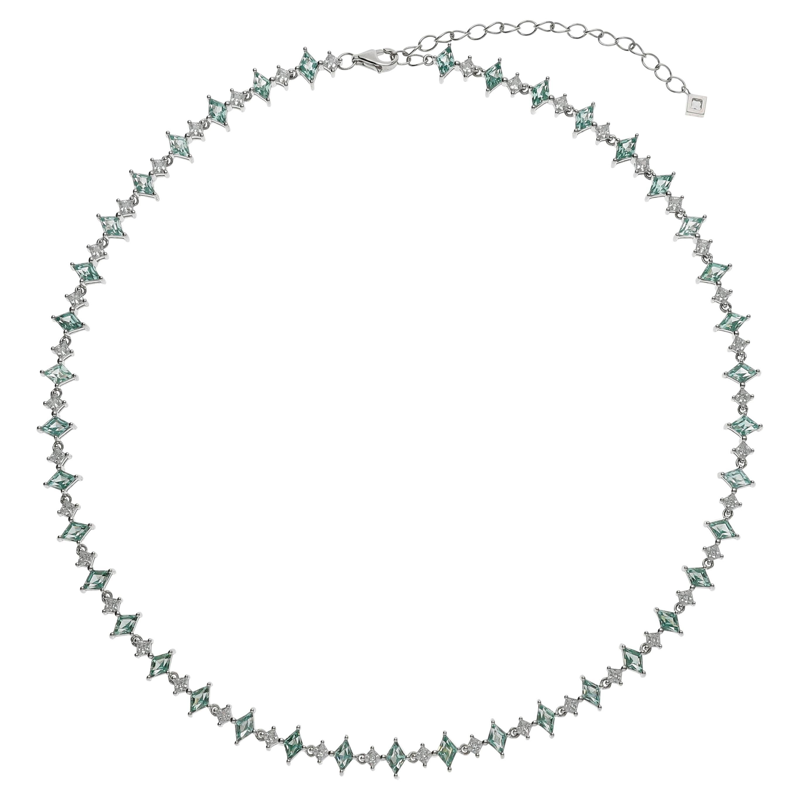  Sapphire Harlequin Choker Necklace, Mint Green & White Sapphire, Silver For Sale