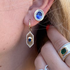 Sapphire Hexagon Drops Elongated Diamond Frame 14k Yellow Gold on Hoops