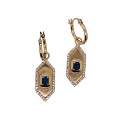 Sapphire Hexagon Drops Elongated Diamond Frame 14k Yellow Gold on Hoops