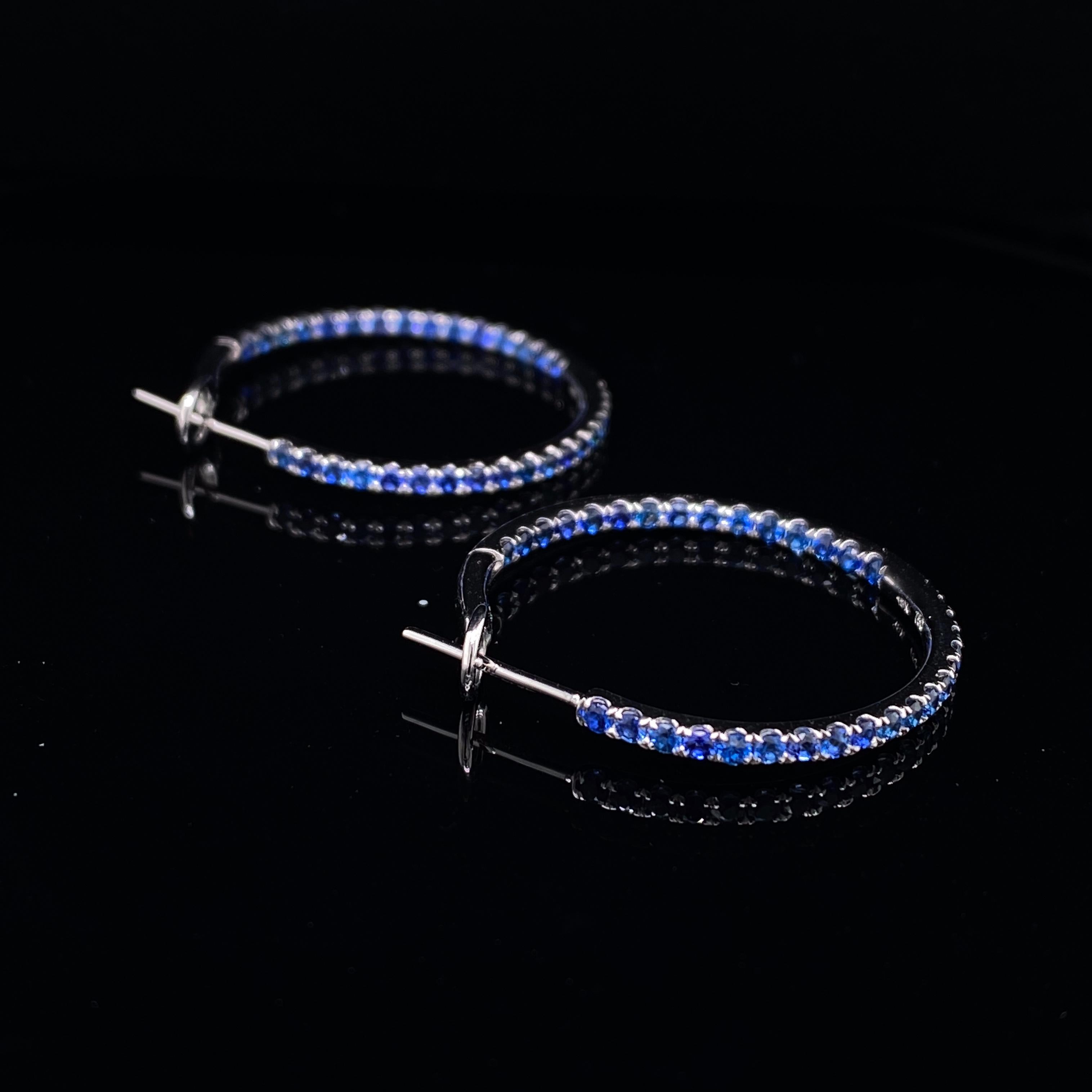 Round Cut Sapphire Hoop Earrings 18 Karat White Gold For Sale