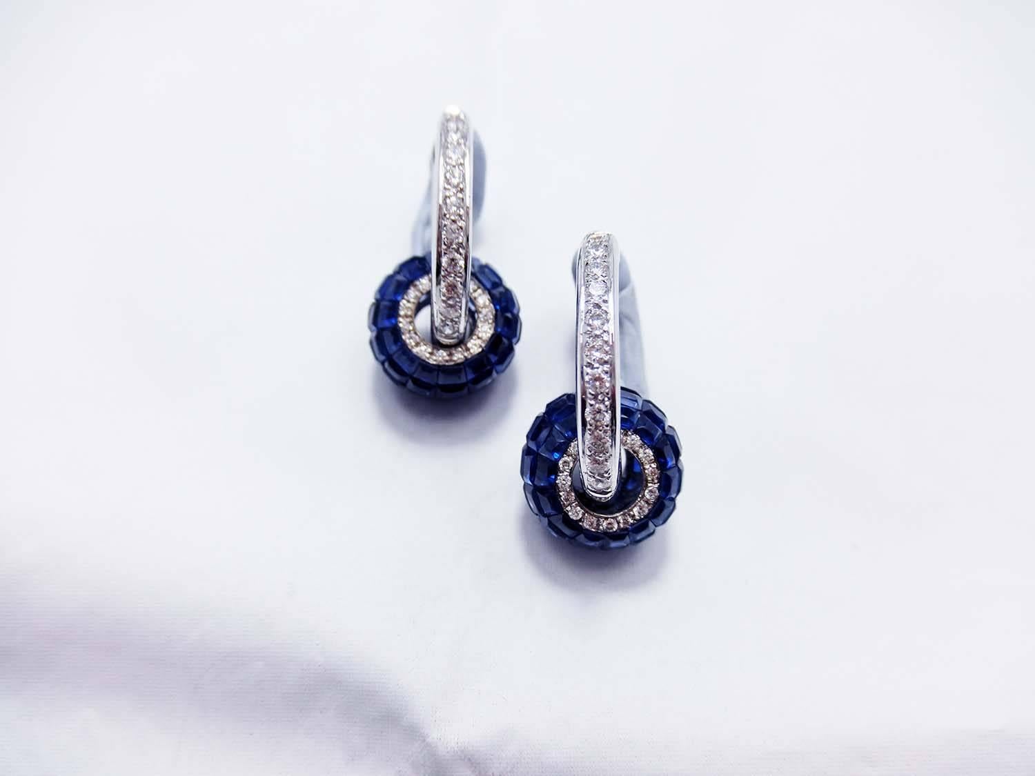 The top quality Sapphire which make in invisible setting.We set the stone in perfection as we are professional in this kind of setting more than 40 years.The invisible is a highly technique .We cut and groove every stone .Therefore; we can guarantee