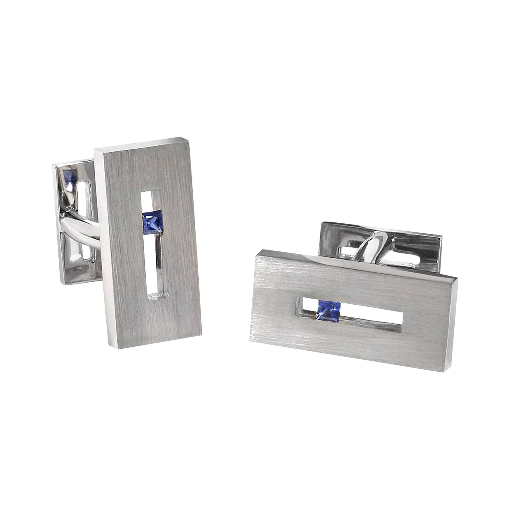 Sapphire in White Gold Suspended Rectangle Cufflinks For Sale