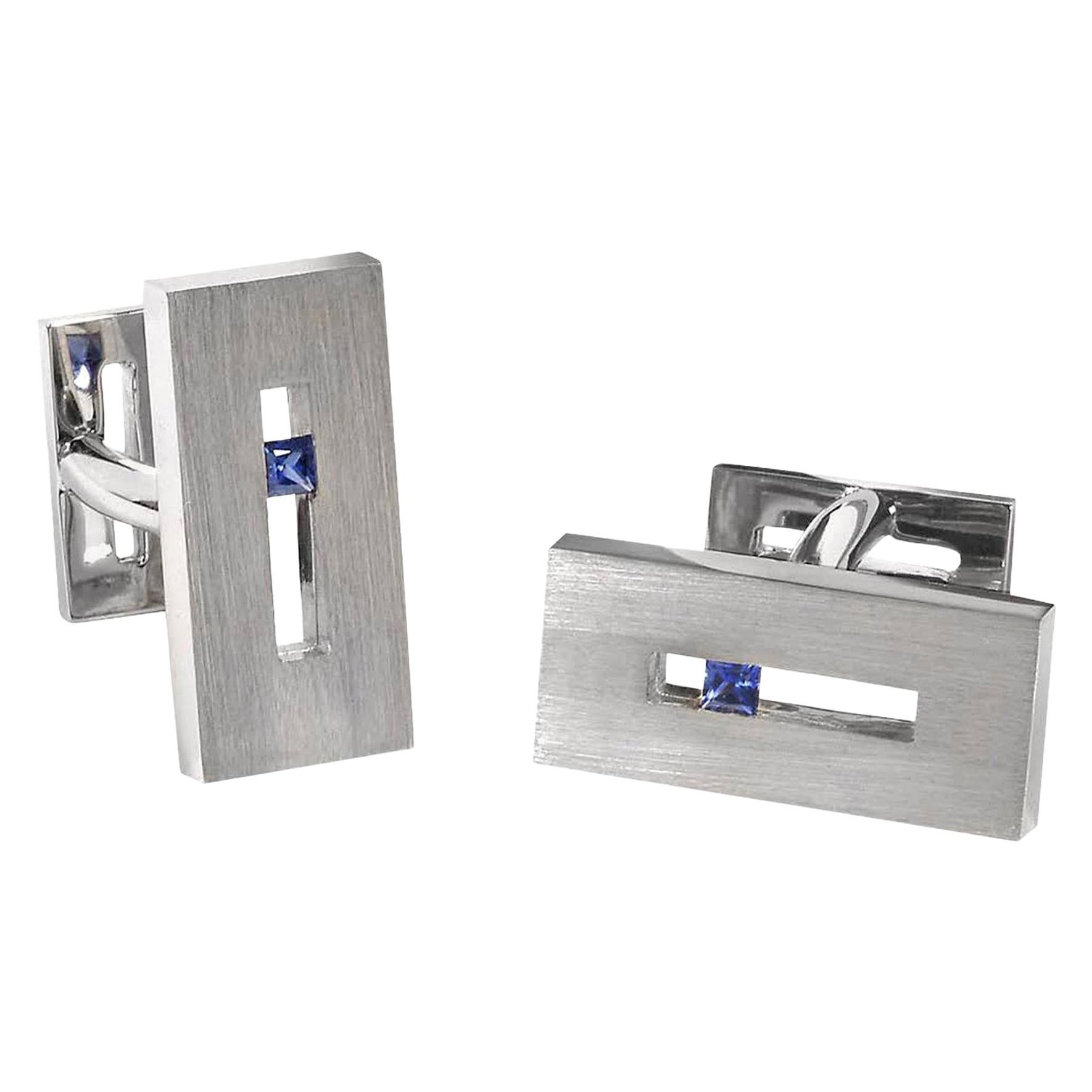 Sapphire in White Gold Suspended Rectangle Cufflinks For Sale