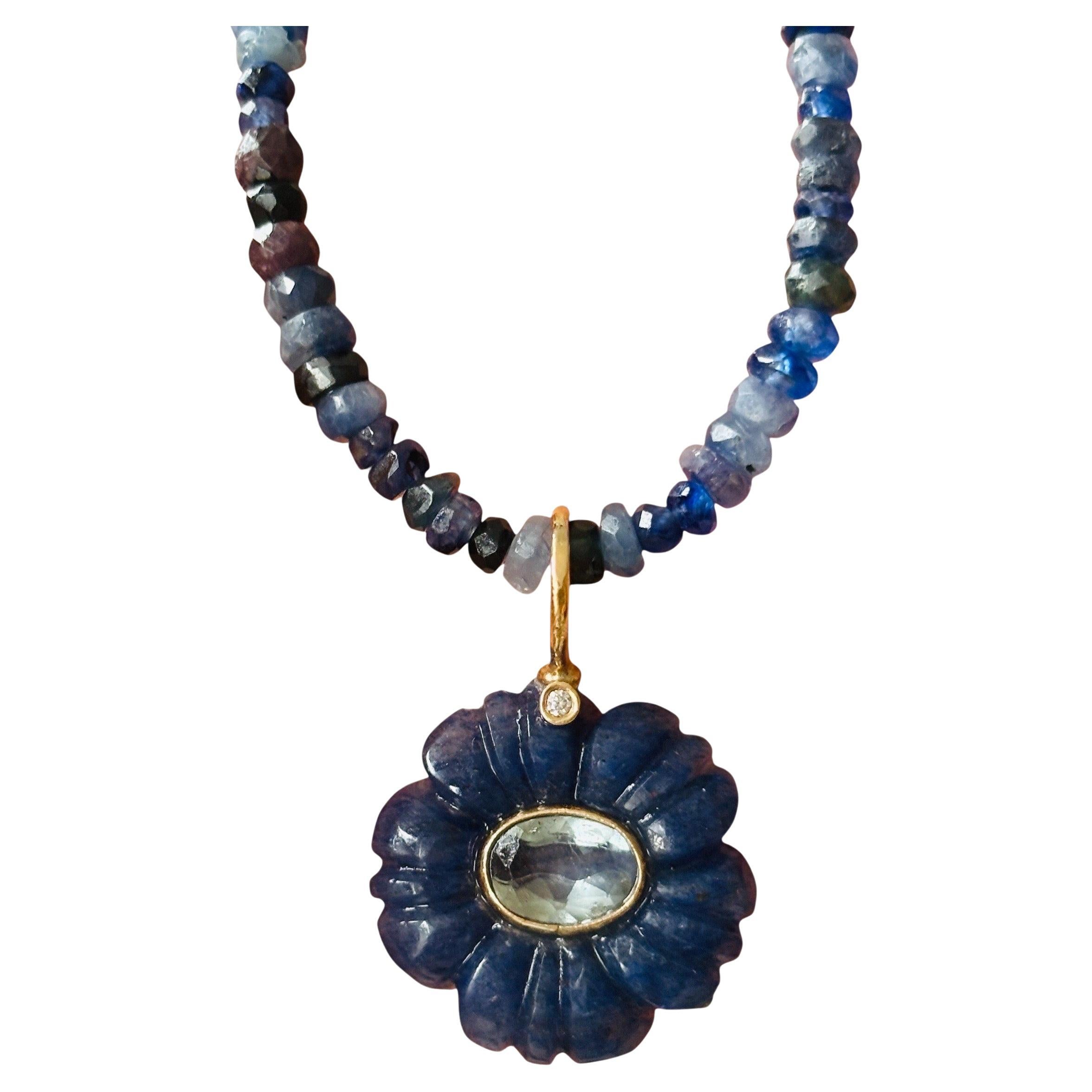 Sapphire & Iolite Necklace with Aventurine Flower withDiamond, Blue Topaz & 14k