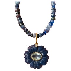 Sapphire & Iolite Necklace with Aventurine Flower withDiamond, Blue Topaz & 14k