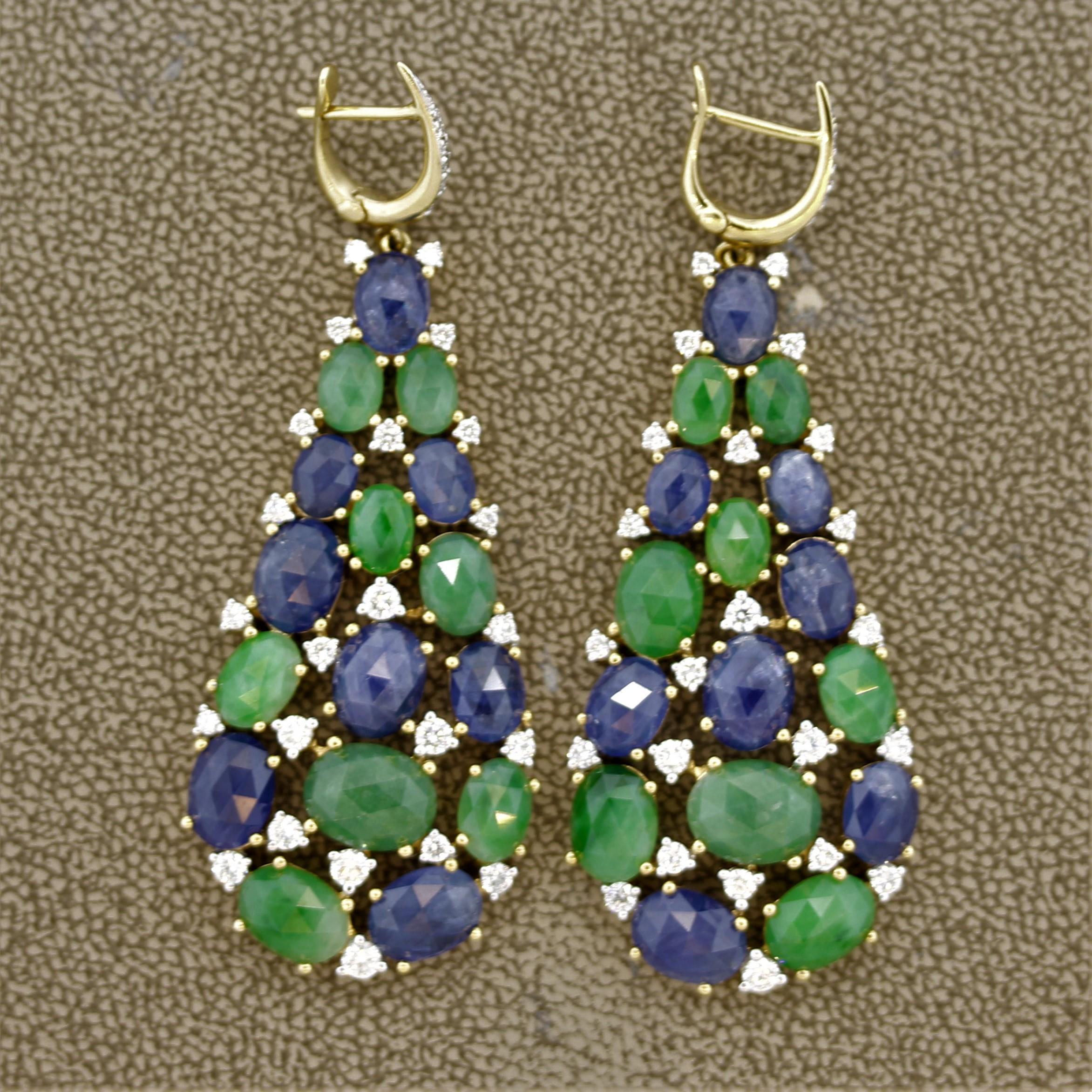Women's Sapphire Jade Diamond Gold Drop Earrings For Sale