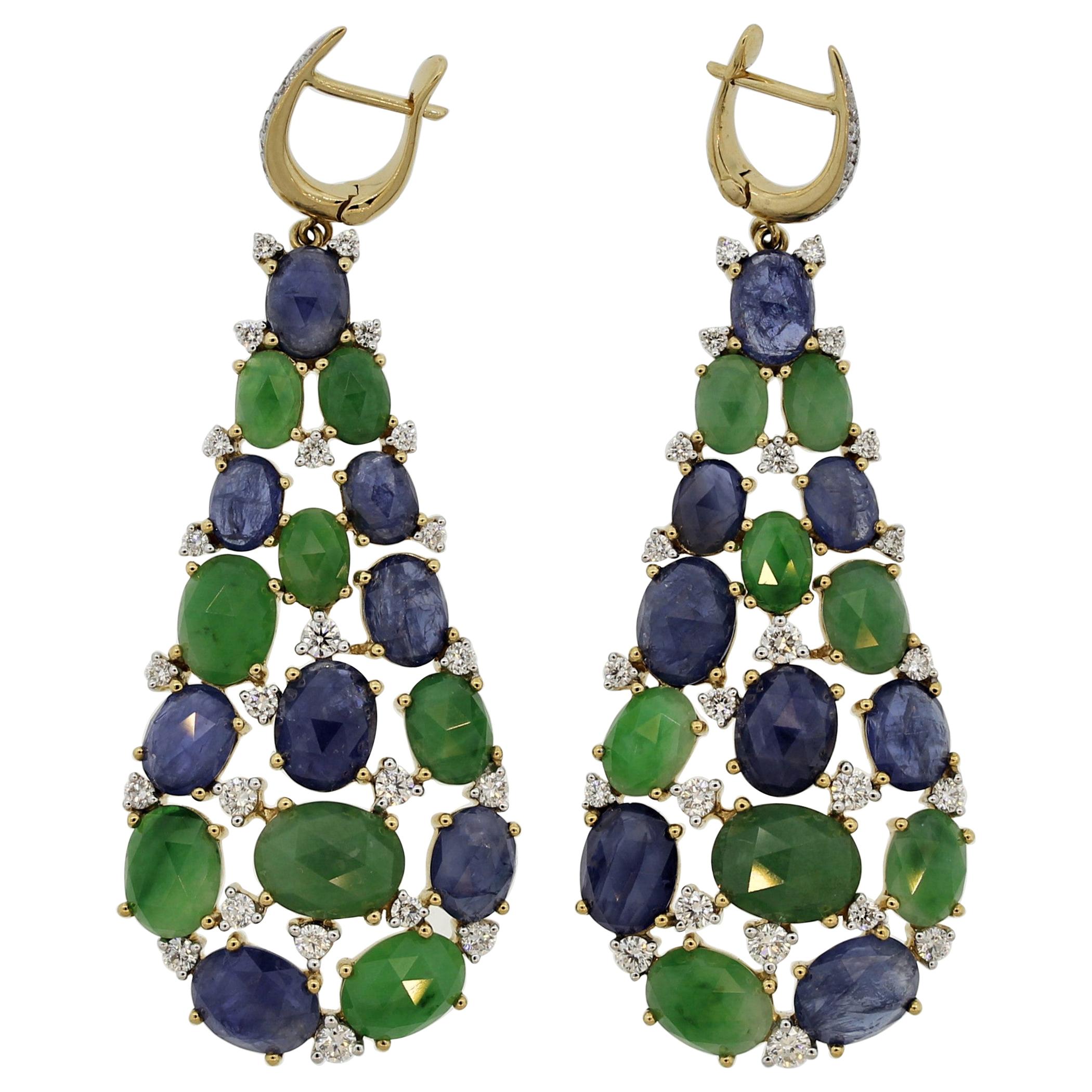 Sapphire Jade Diamond Gold Drop Earrings For Sale