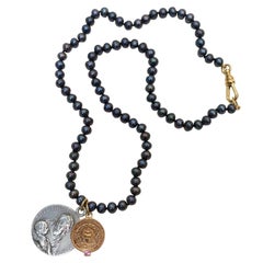 Sapphire Medal Choker Pearl Bead Necklace Virgin Mary Vintage J Dauphin