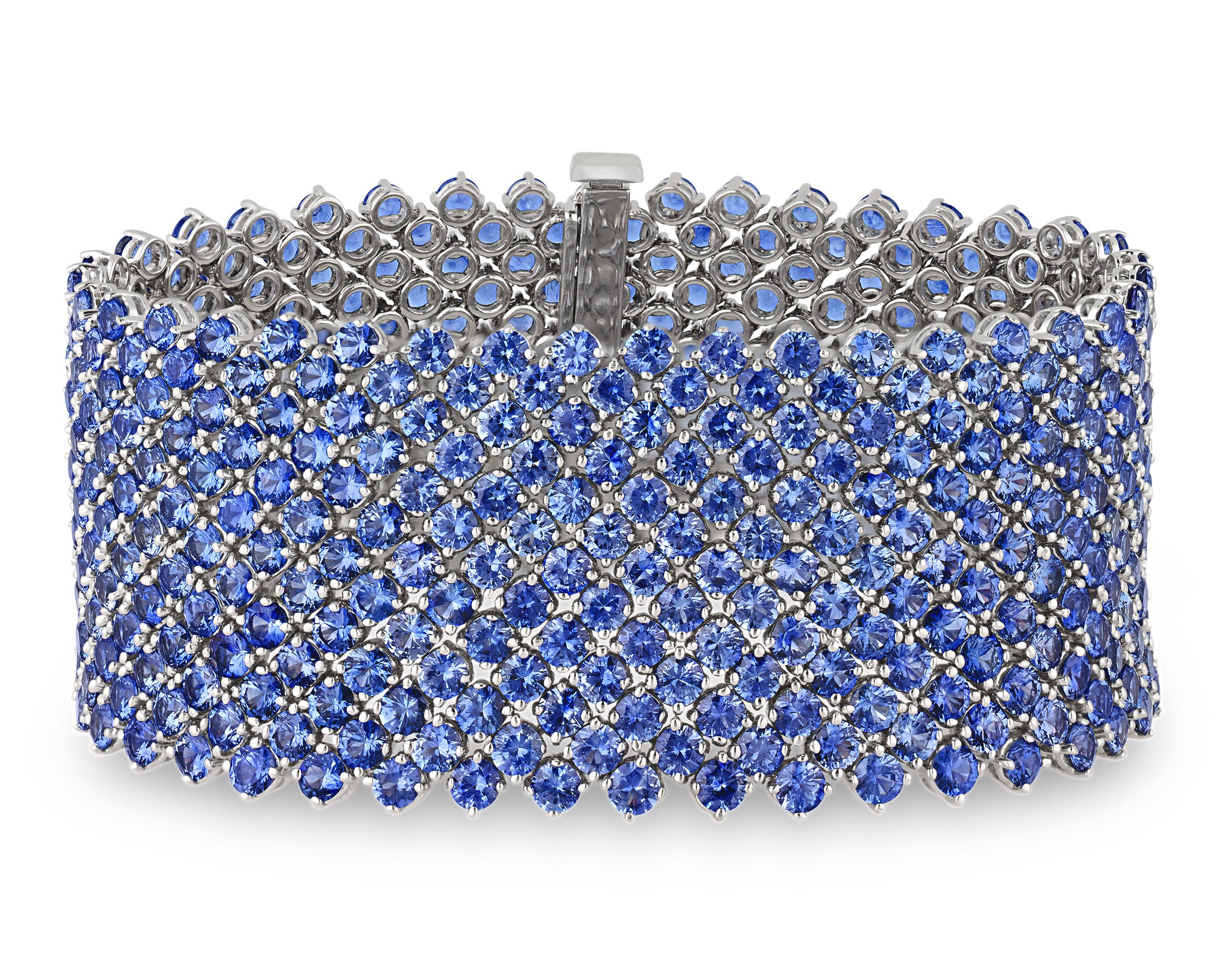 Modern Sapphire Mesh Bracelet, 62.73 Carats For Sale