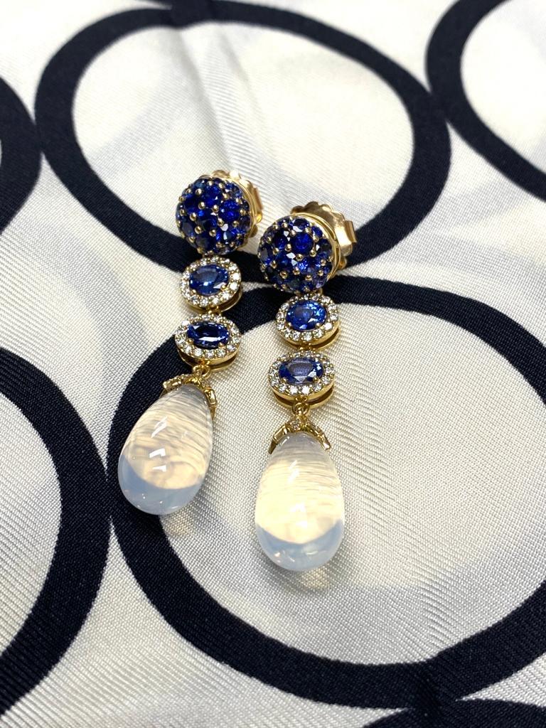 Contemporary Goshwara Sapphire and Moon Quartz Drop With Diamond Earrings For Sale