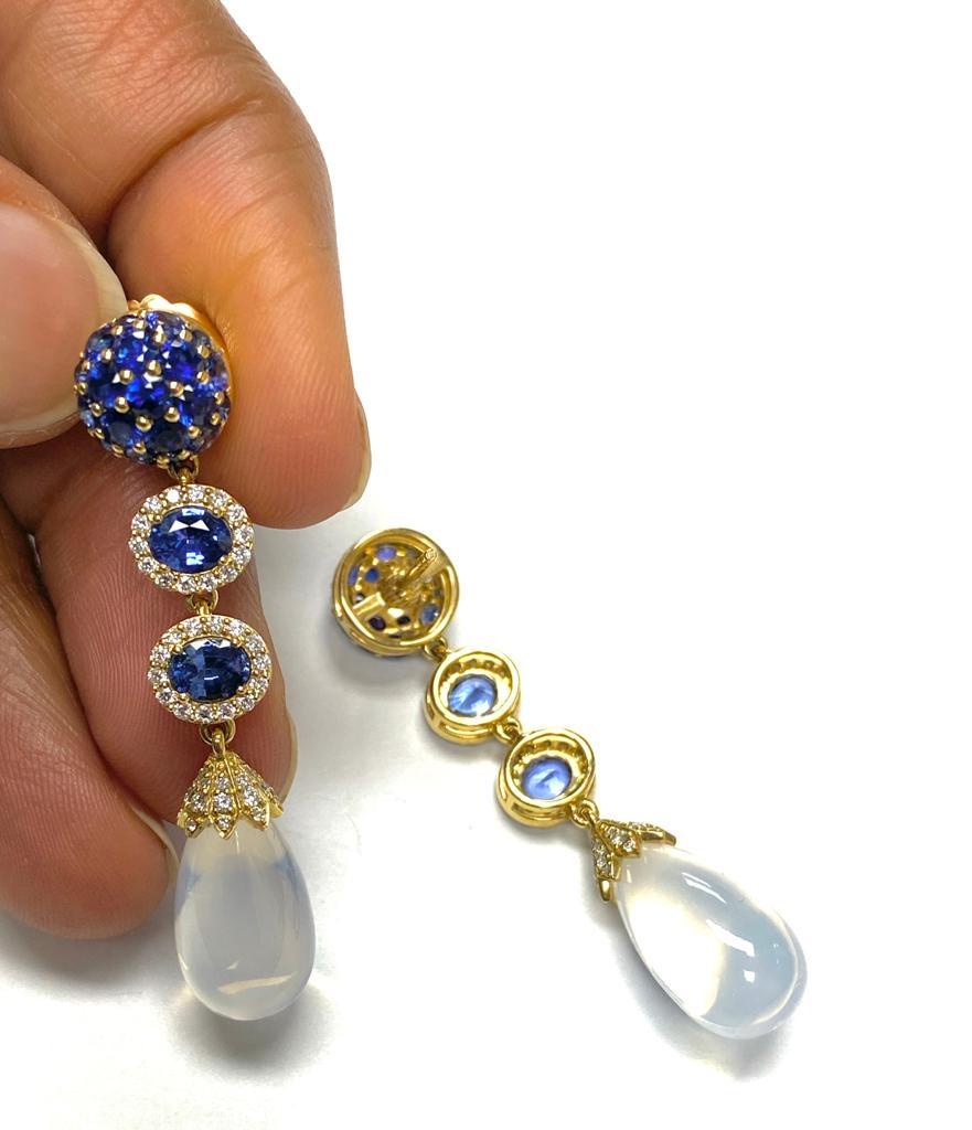 Oval Cut Goshwara Sapphire and Moon Quartz Drop With Diamond Earrings For Sale