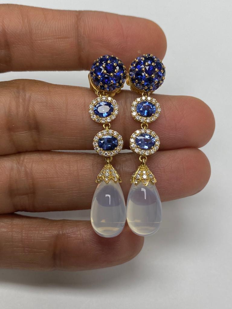 Goshwara Sapphire and Moon Quartz Drop With Diamond Earrings For Sale 1