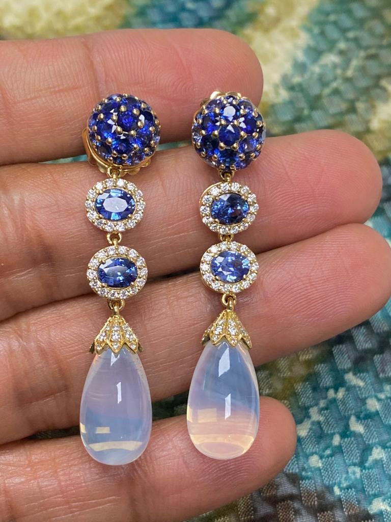 Goshwara Sapphire and Moon Quartz Drop With Diamond Earrings For Sale 3
