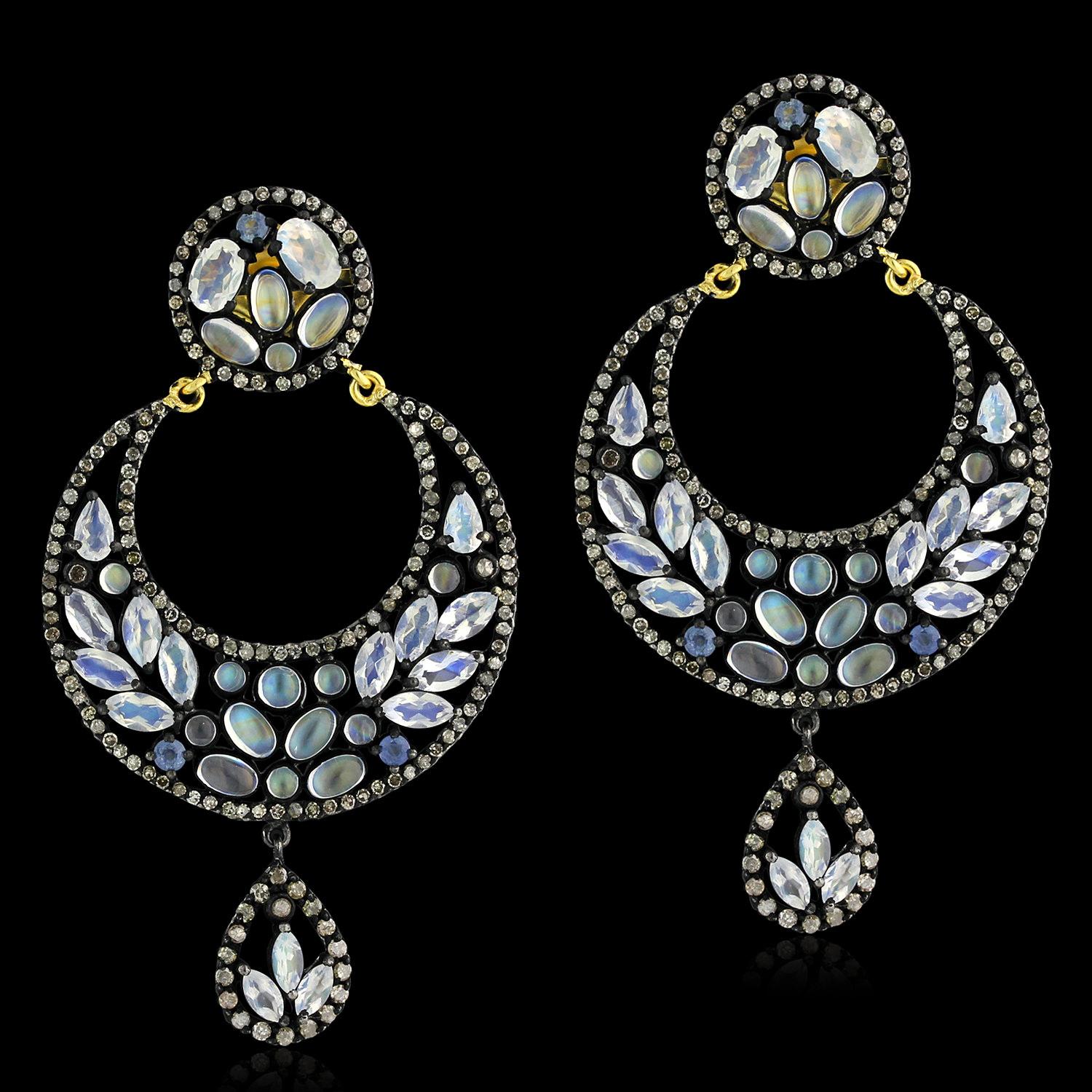 Artisan Sapphire & Moonstone Half Moon Shaped Earrings With Pave Diamonds For Sale