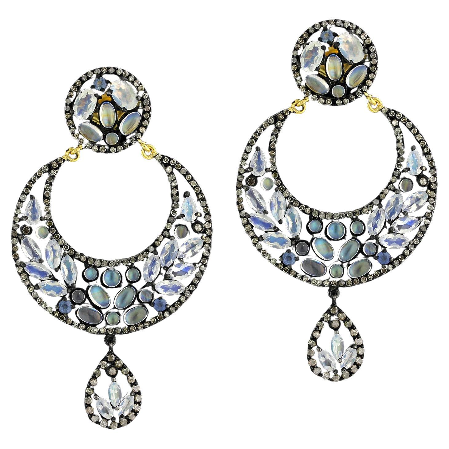 Sapphire & Moonstone Half Moon Shaped Earrings With Pave Diamonds For Sale