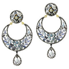 Sapphire & Moonstone Half Moon Shaped Earrings With Pave Diamonds