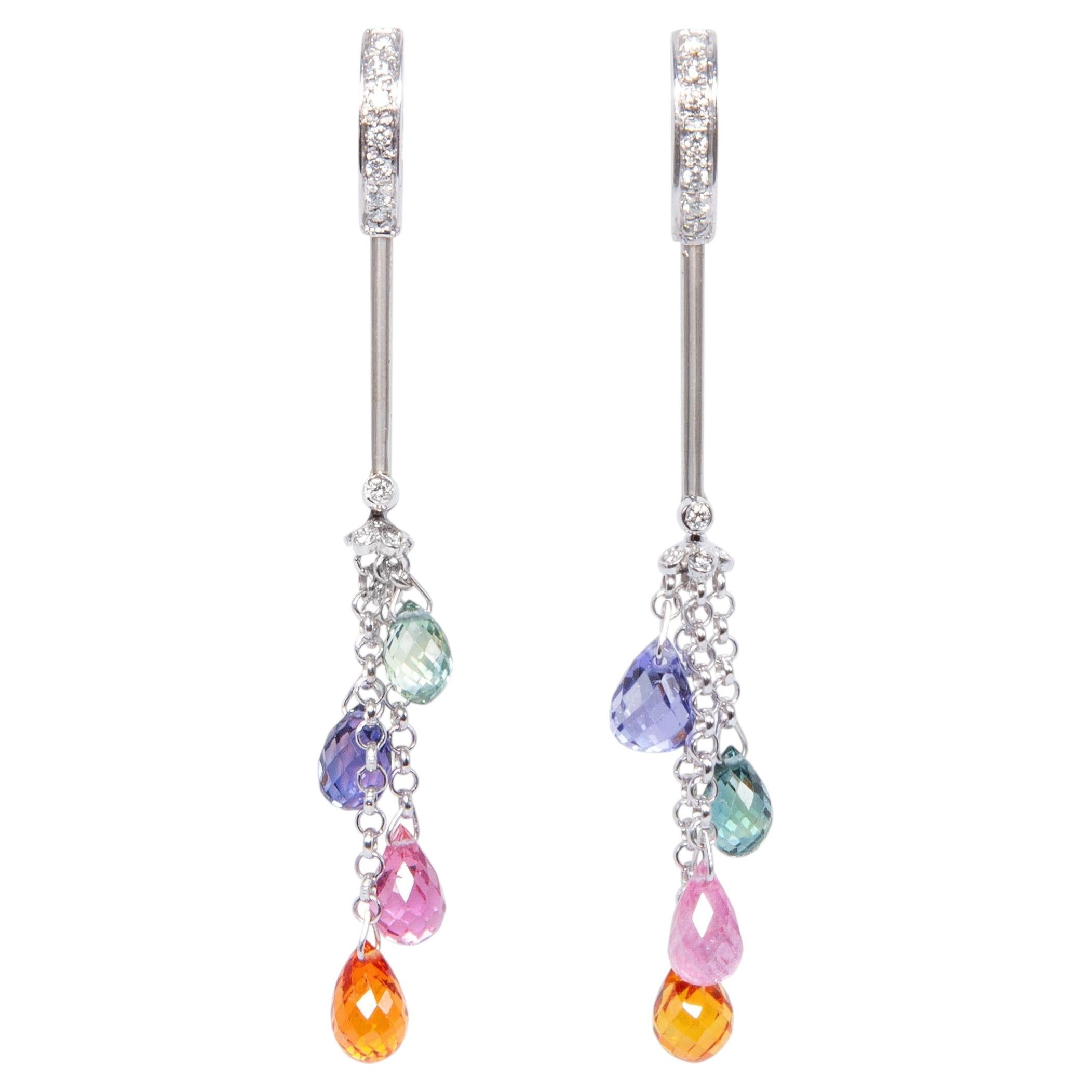 Sapphire Multicolor Briolette Diamond Drop Earrings Chandelier Design by Ella Ga For Sale