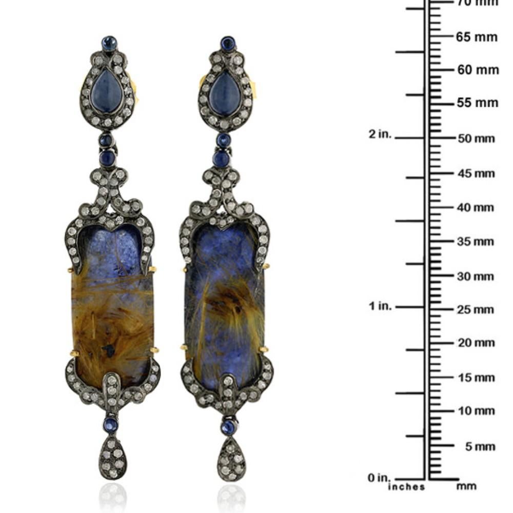 Mixed Cut Sapphire & Multicolor Quartz Earring with Pave Diamond Made in 18k Gold & Silver For Sale
