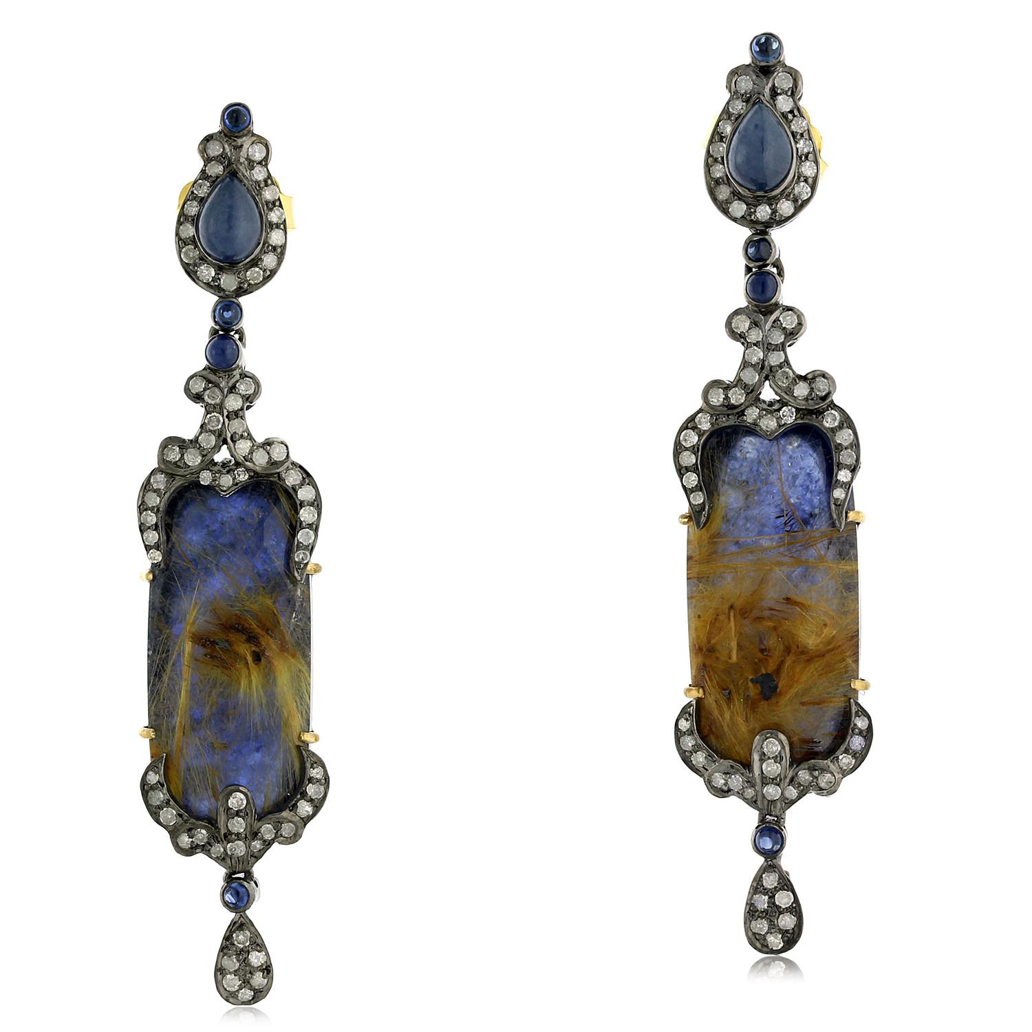 Sapphire & Multicolor Quartz Earring with Pave Diamond Made in 18k Gold & Silver In New Condition For Sale In New York, NY