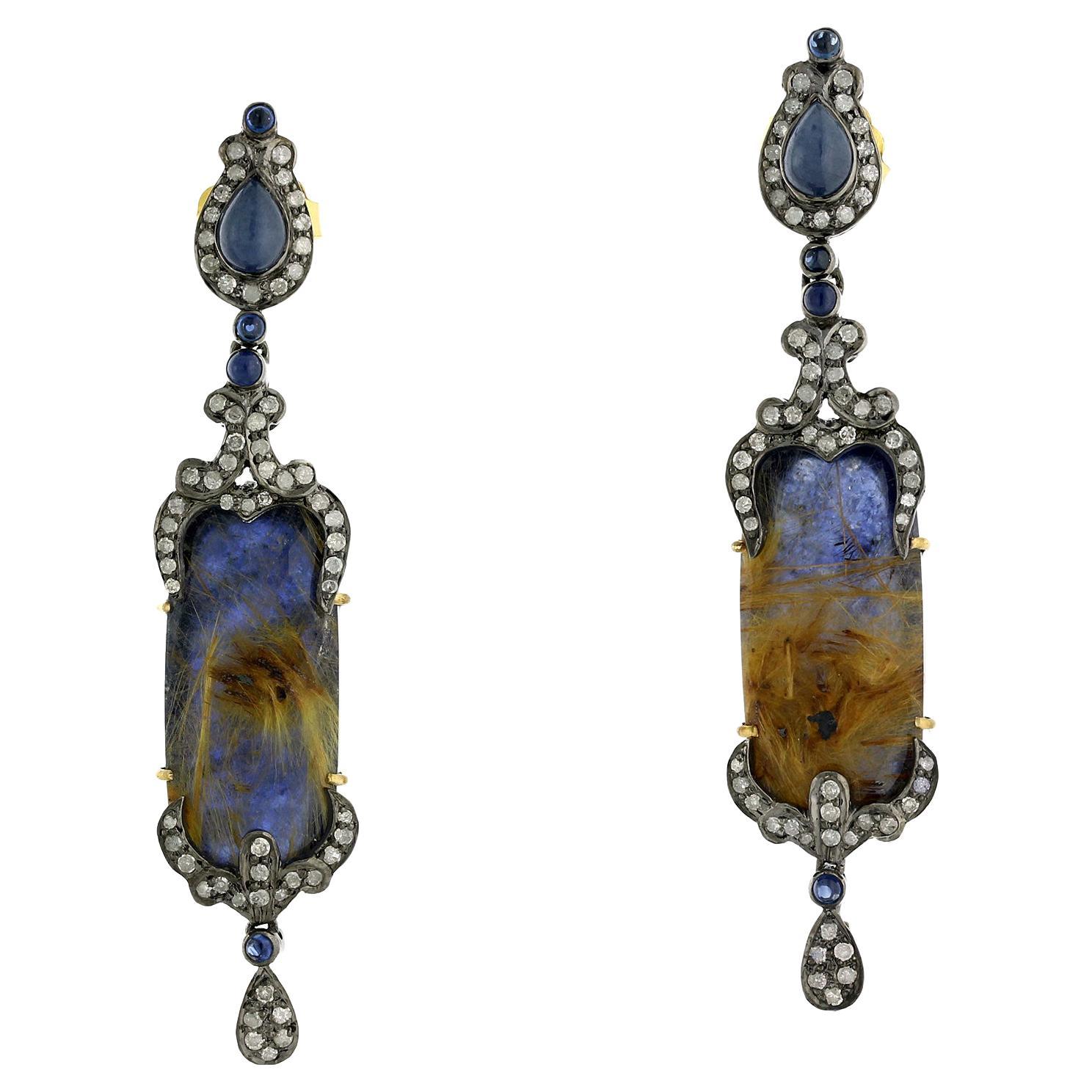 Sapphire & Multicolor Quartz Earring with Pave Diamond Made in 18k Gold & Silver For Sale
