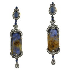 Boucles d'oreilles en or et argent 18 carats avec saphirs et quartz multicolore et diamants pavés