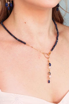 Sapphire, Mystic Coated Moonstone, 14K Gold Filled Paperclip Drop Necklace 17”