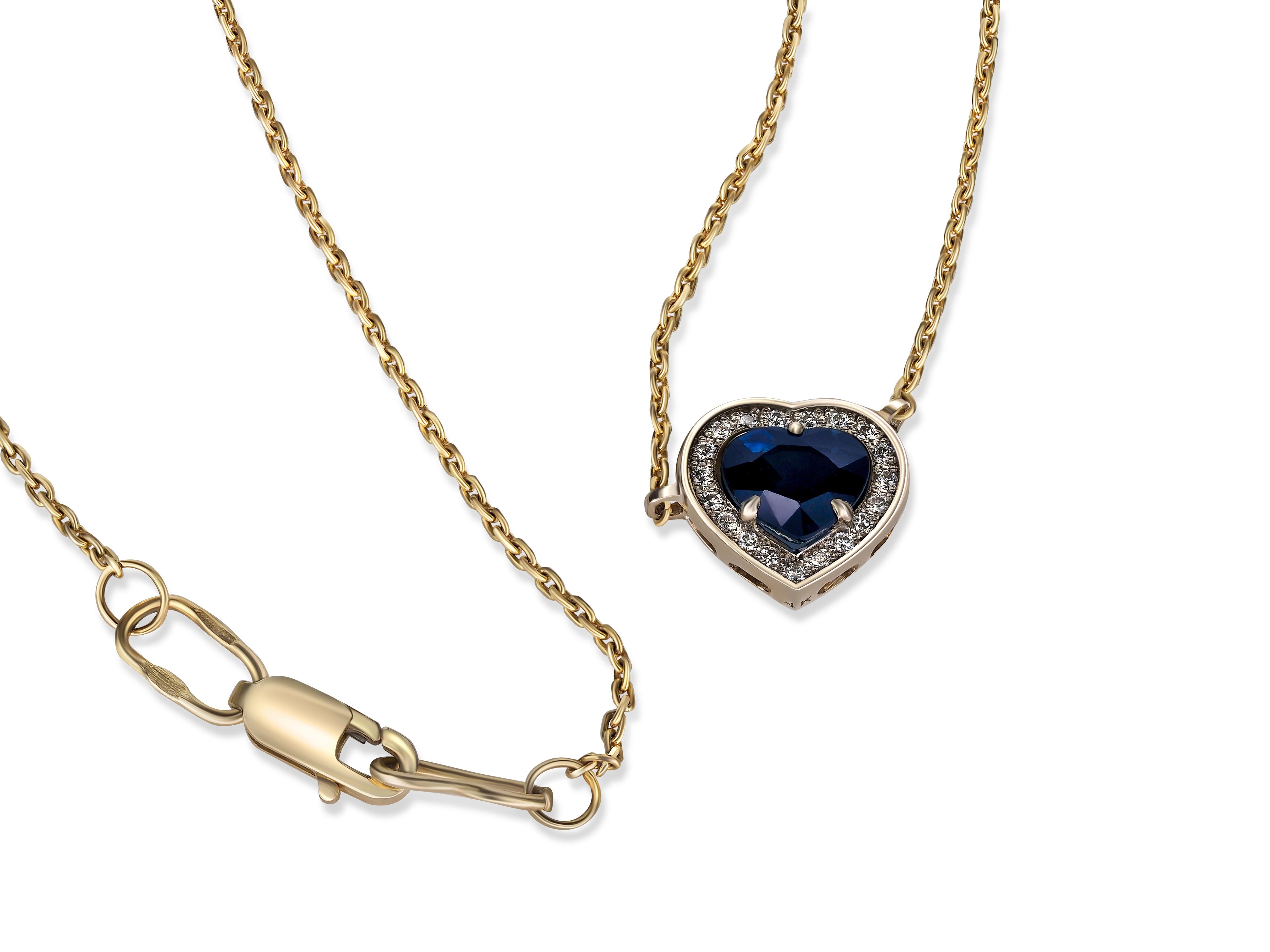 Sapphire necklace pendant in 14 karat white gold. Certified sapphire pendant. Heart sapphire pendant necklace. Blue sapphire pendant. Sapphire and diamonds necklace pendant. 

Weight: 3.45 g.
Pendant size: 10.5x12 mm
Necklace length - 50 sm
Pendant