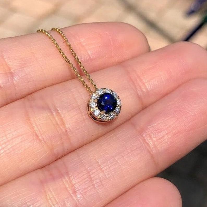 Victorian Sapphire Necklace w Natural Diamond Accents in Solid 14K Yellow Gold Round 4mm For Sale