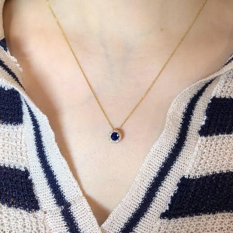 Round Cut Sapphire Necklace w Natural Diamond Accents in Solid 14K Yellow Gold Round 4mm For Sale