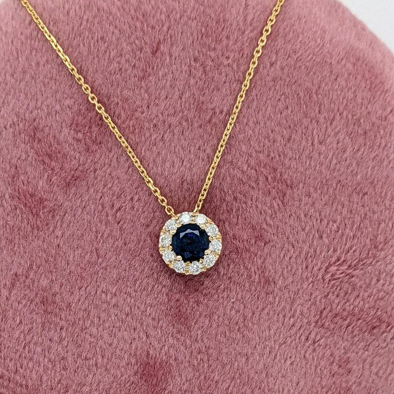 Sapphire Necklace w Natural Diamond Accents in Solid 14K Yellow Gold Round 4mm For Sale