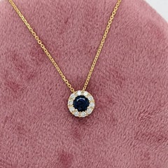 Sapphire Necklace w Natural Diamond Accents in Solid 14K Yellow Gold Round 4mm