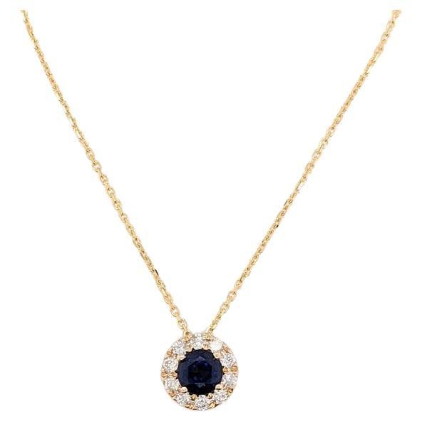 Sapphire Necklace w Natural Diamond Accents in Solid 14K Yellow Gold Round 4mm For Sale