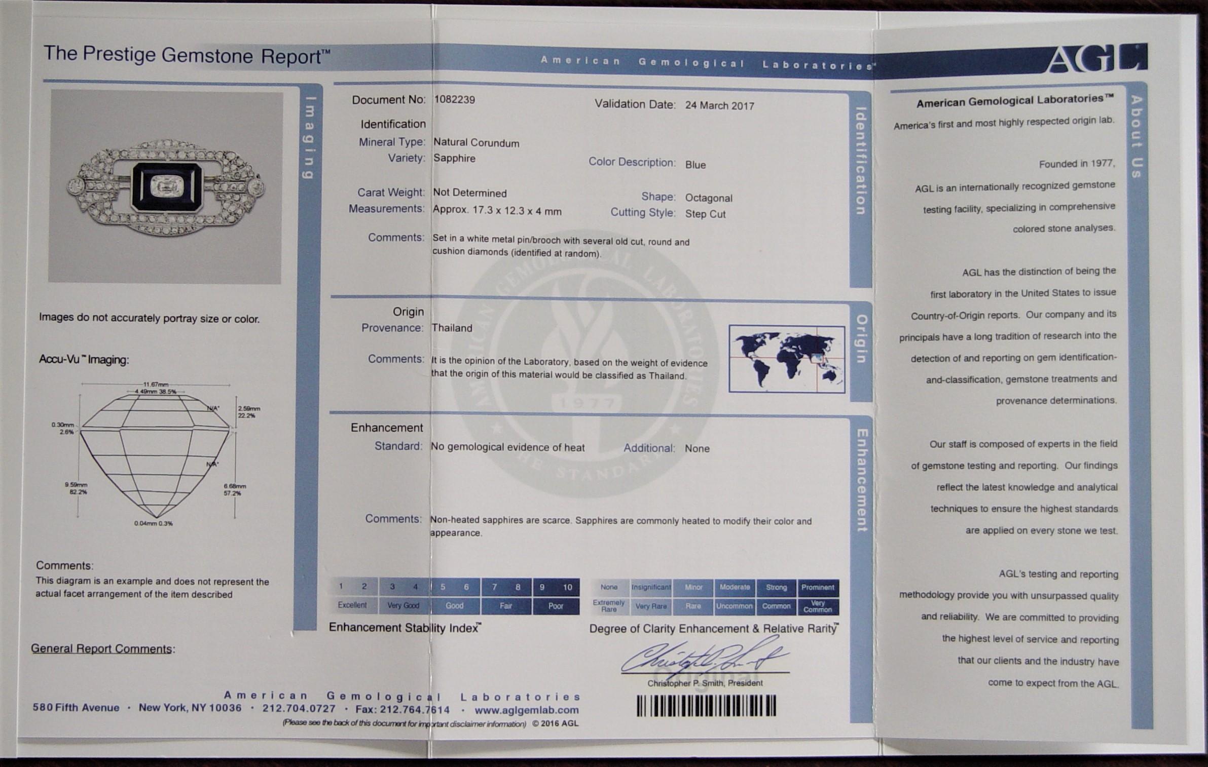 Saphir (ohne Hitze) 1,24CT(Est) Kissen-Diamant-Anstecknadel Platin AGL-Zertifikat im Angebot 4