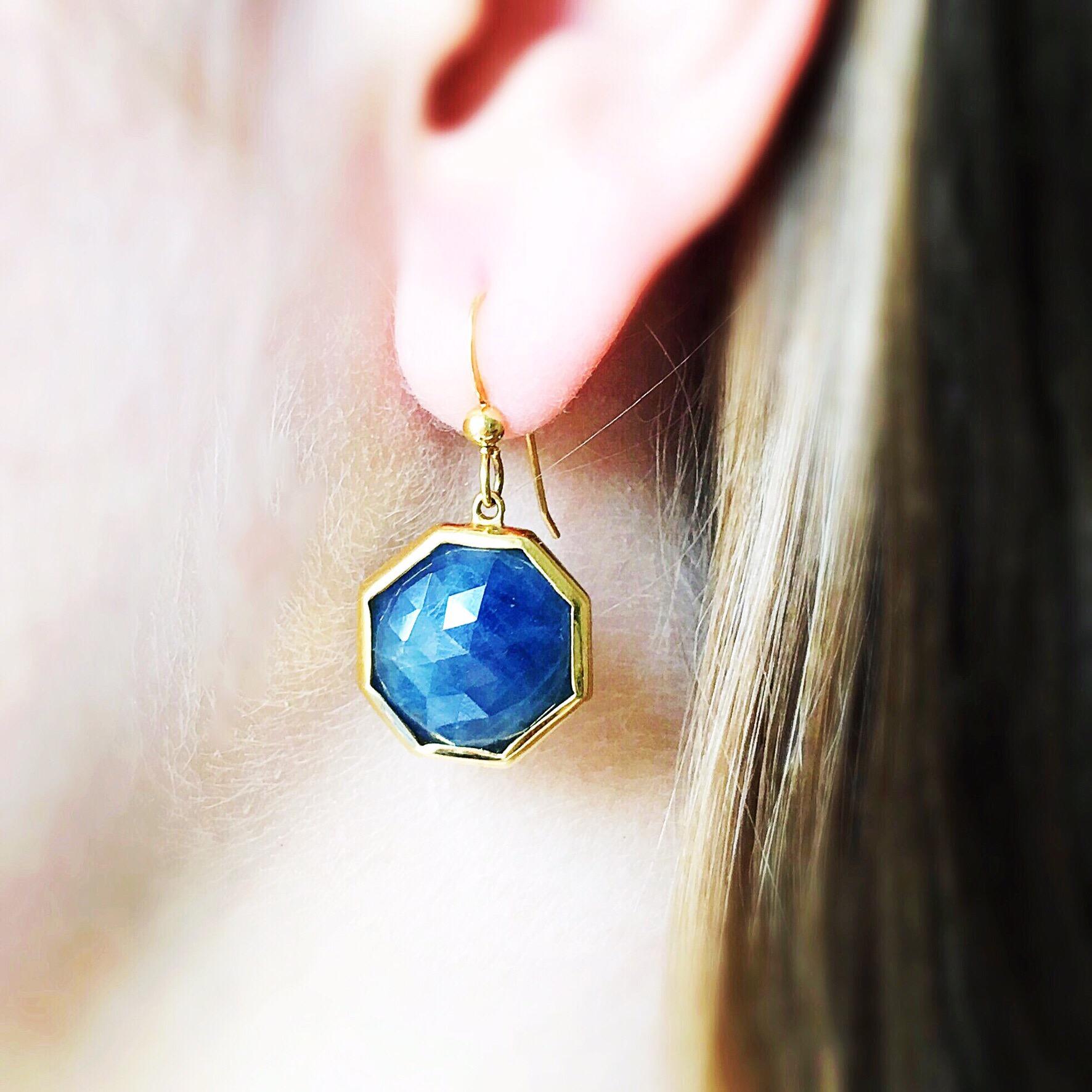 Octagon custom-cut blue sapphire slice earrings set in handmade 18 karat bezels.