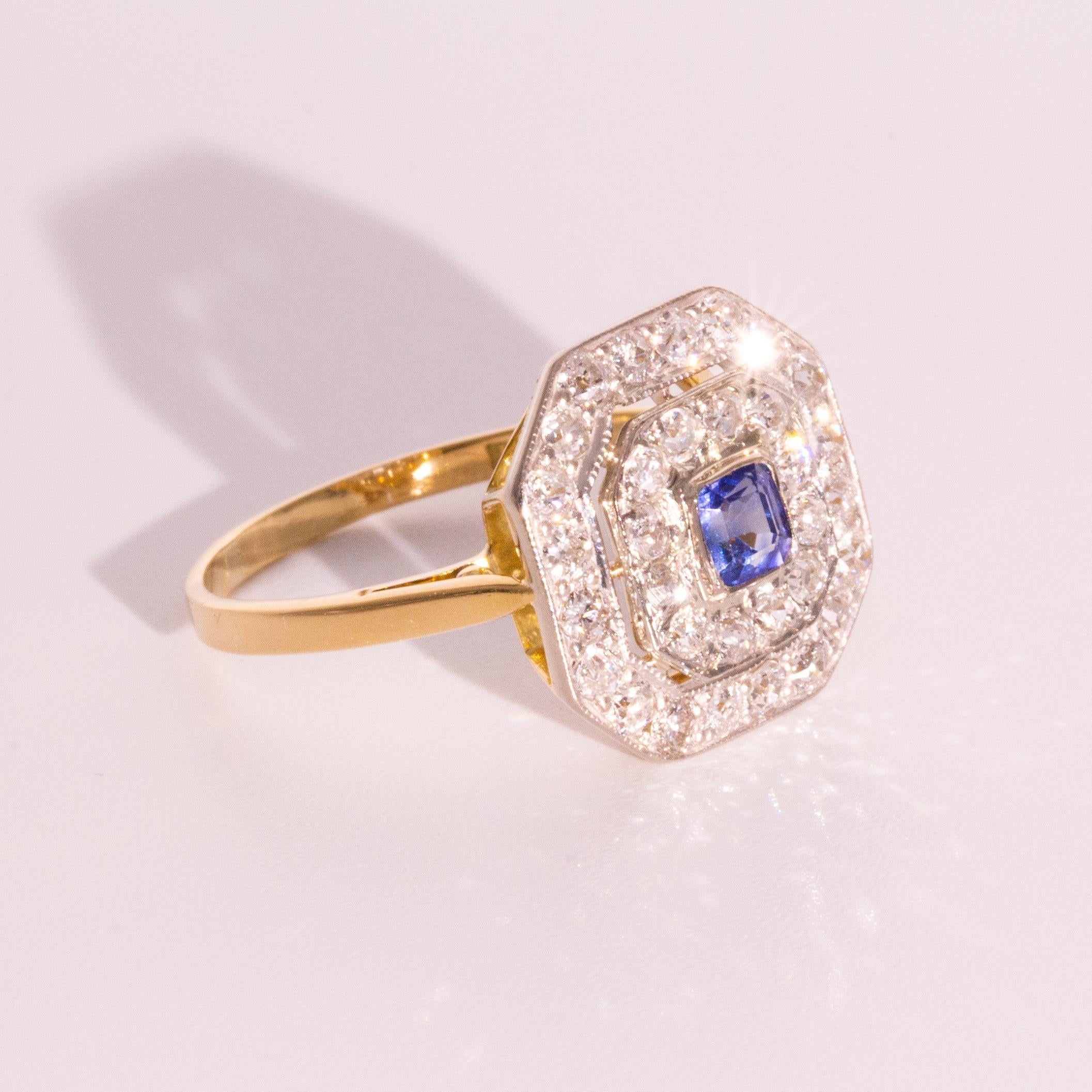 Fall in love with this adorable Sapphire Old Cut Diamond 18 Carat White Yellow Gold Ring. The old cut diamonds work amazingly well with this blue Ceylon type square cushion cut sapphire to form an octagonal shape 18 carat white gold mount. The