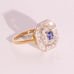 Sapphire Old Cut Diamond 18 Carat White Yellow Gold Ring