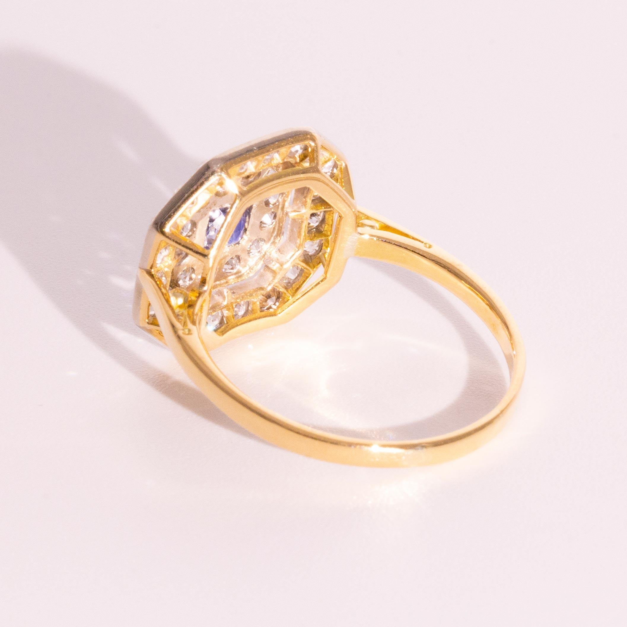 Contemporary Sapphire Old Cut Diamond 18 Carat White Yellow Gold Ring For Sale