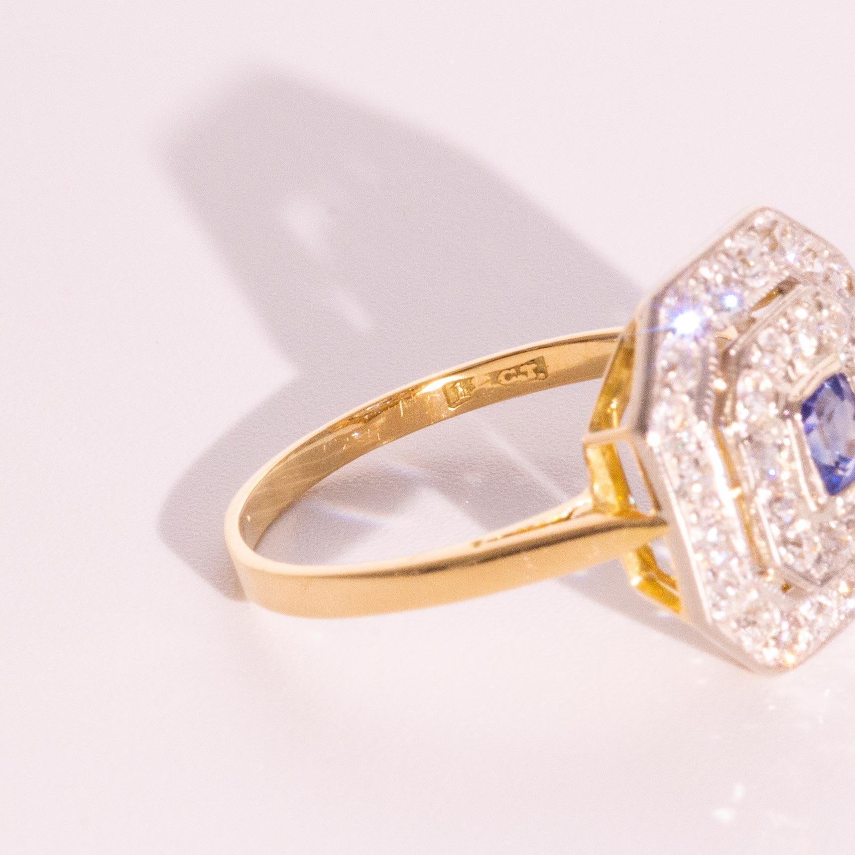 Old European Cut Sapphire Old Cut Diamond 18 Carat White Yellow Gold Ring For Sale