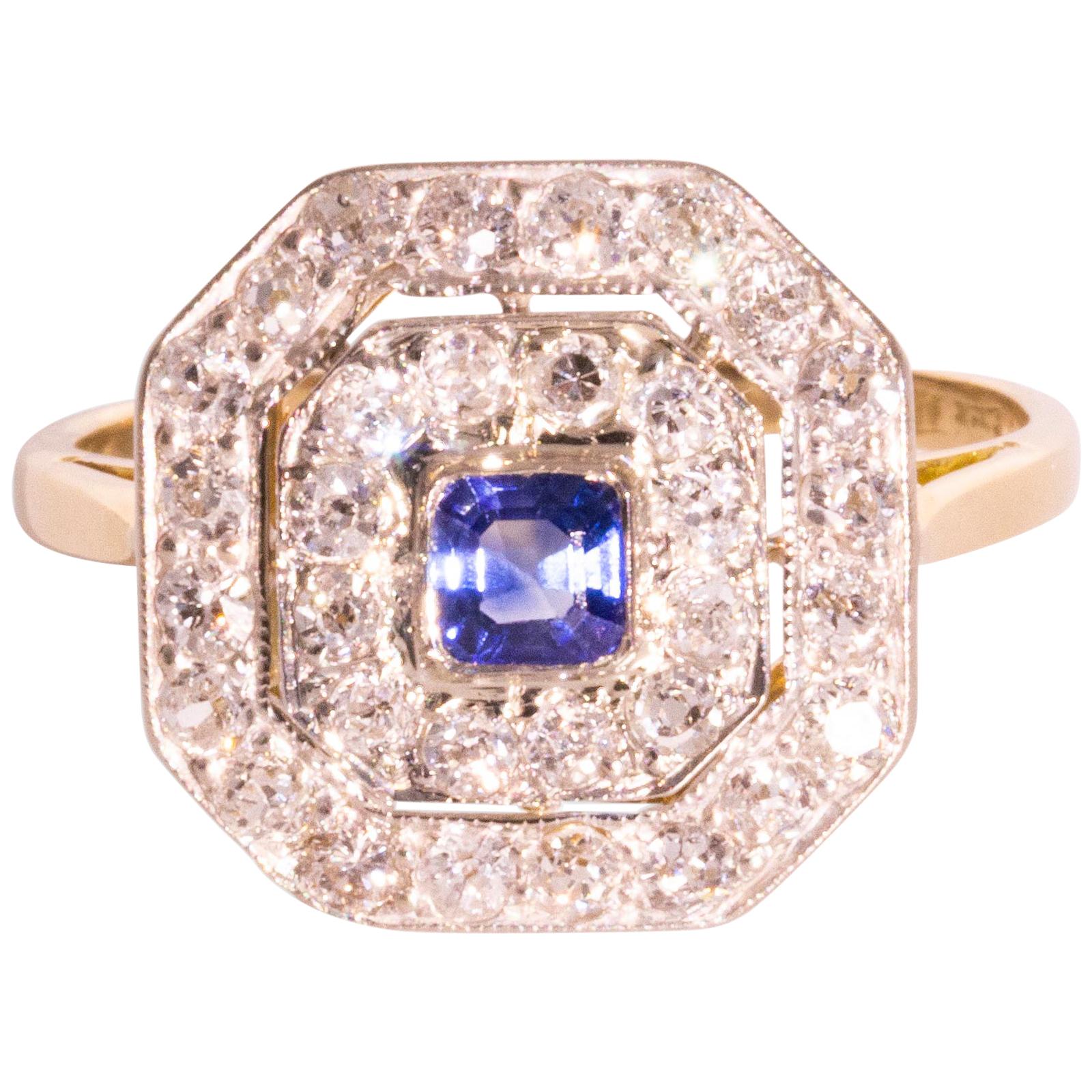 Sapphire Old Cut Diamond 18 Carat White Yellow Gold Ring For Sale