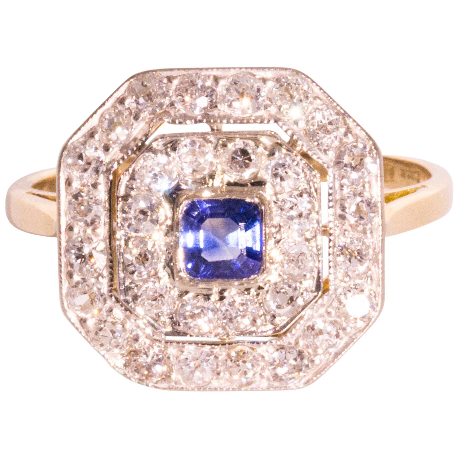 Sapphire Old Cut Diamond 18 Carat White Yellow Gold Ring For Sale