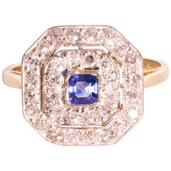 Sapphire Old Cut Diamond 18 Carat White Yellow Gold Ring