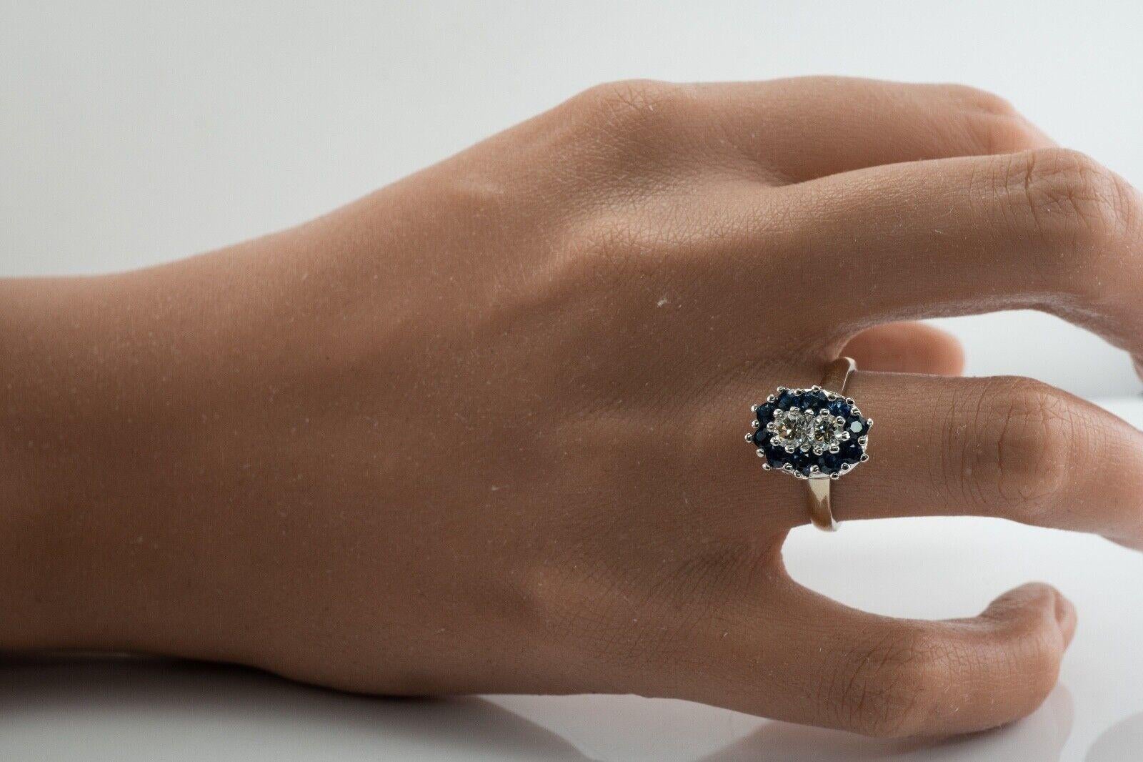 Taille ronde Sapphire Old European Diamond Ring 14k White Gold en vente