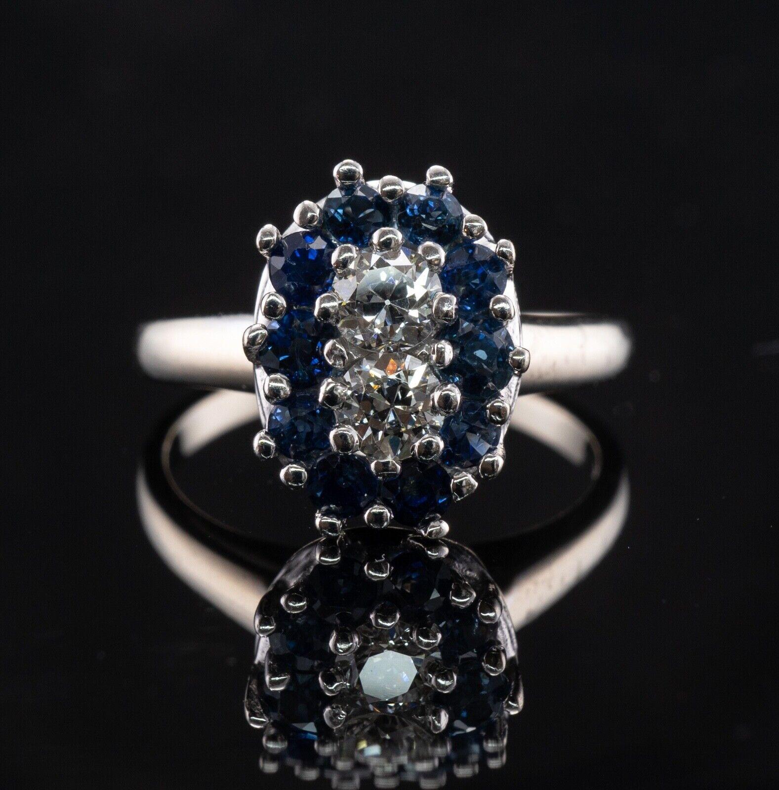 Sapphire Old European Diamond Ring 14k White Gold For Sale 1